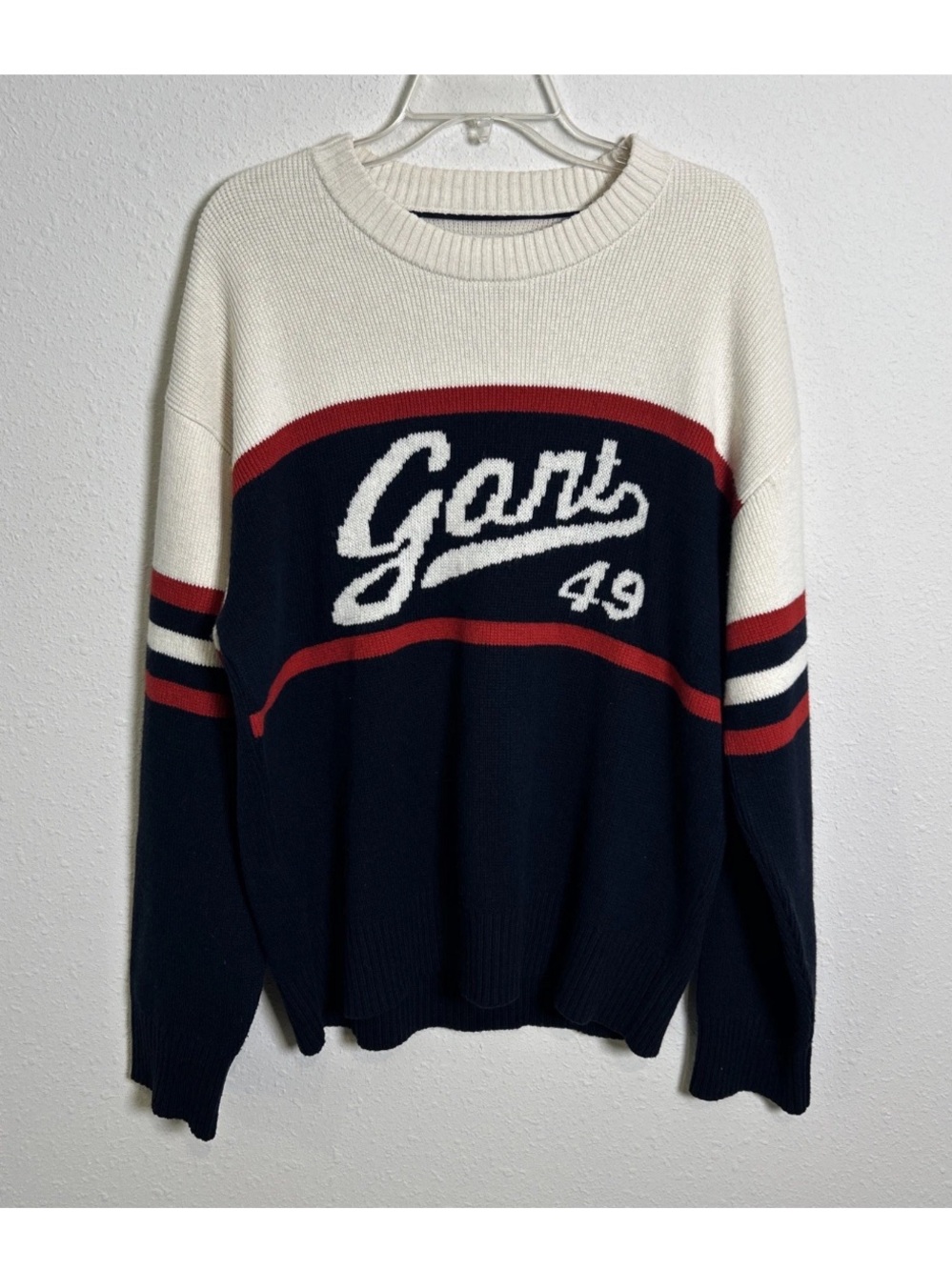 GANT Cable Knit Crewneck Sweater White Black Red Colorblock Striped Men’s Med